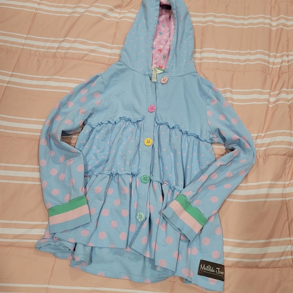 Matilda Jane hooded cardigan coat jacket Size 12 blue polka dots - Picture 3 of 5
